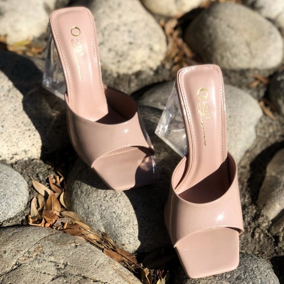 NEW Patent Clear Triangle High Block Heel Square Toe Slip On Sandals Mules Shoes - Picture 2 of 10